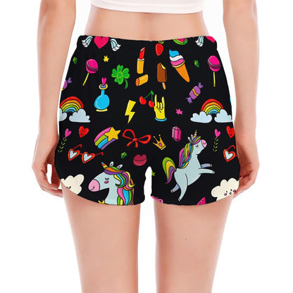Black Girly Unicorn Pattern Print Women's Split Running Shorts