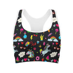 Black Girly Unicorn Pattern Print Women's Sports Bra