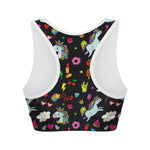 Black Girly Unicorn Pattern Print Women's Sports Bra