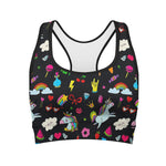 Black Girly Unicorn Pattern Print Women's Sports Bra