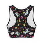 Black Girly Unicorn Pattern Print Women's Sports Bra