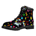Black Girly Unicorn Pattern Print Padded Collar Lace Up Boots