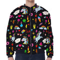 Black Girly Unicorn Pattern Print Zip Sleeve Bomber Jacket