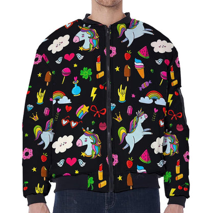 Black Girly Unicorn Pattern Print Zip Sleeve Bomber Jacket