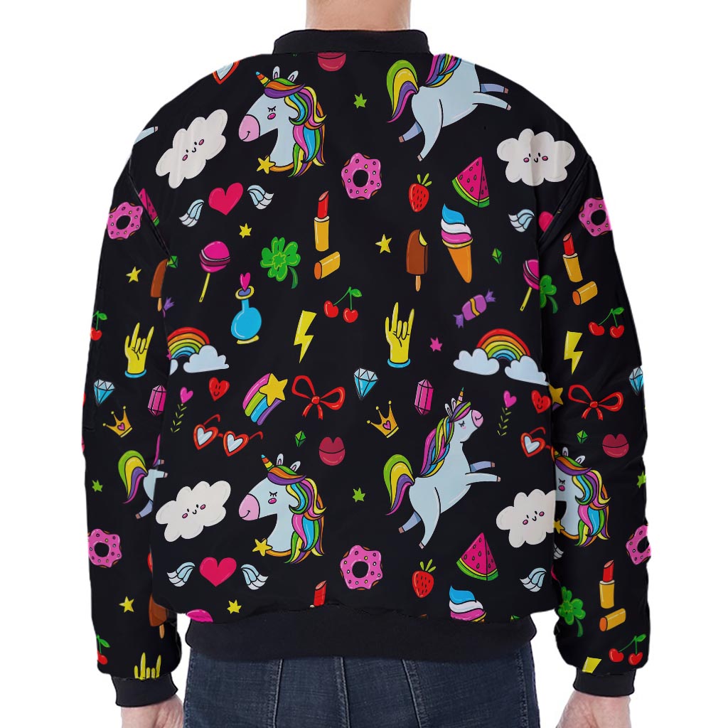 Black Girly Unicorn Pattern Print Zip Sleeve Bomber Jacket