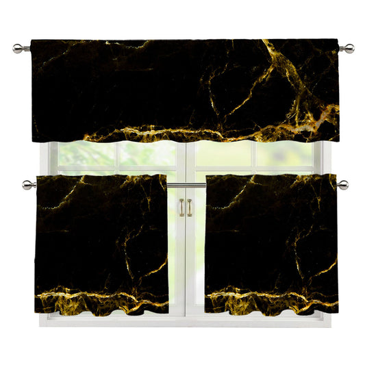 Black Gold Marble Print 3 Piece Kitchen Curtains