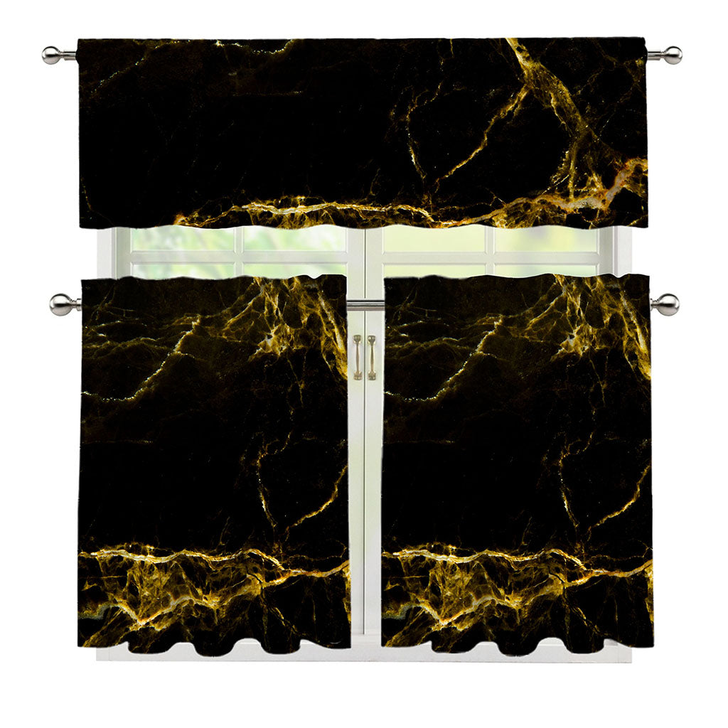 Black Gold Marble Print 3 Piece Kitchen Curtains