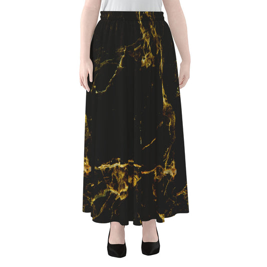 Black Gold Marble Print Chiffon Maxi Skirt