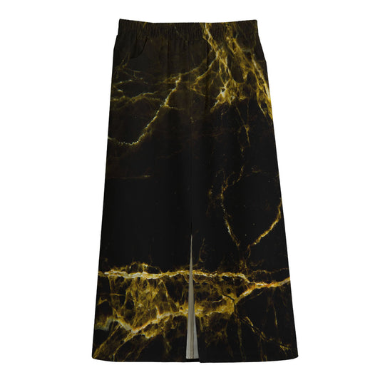 Black Gold Marble Print Cotton Front Slit Maxi Skirt