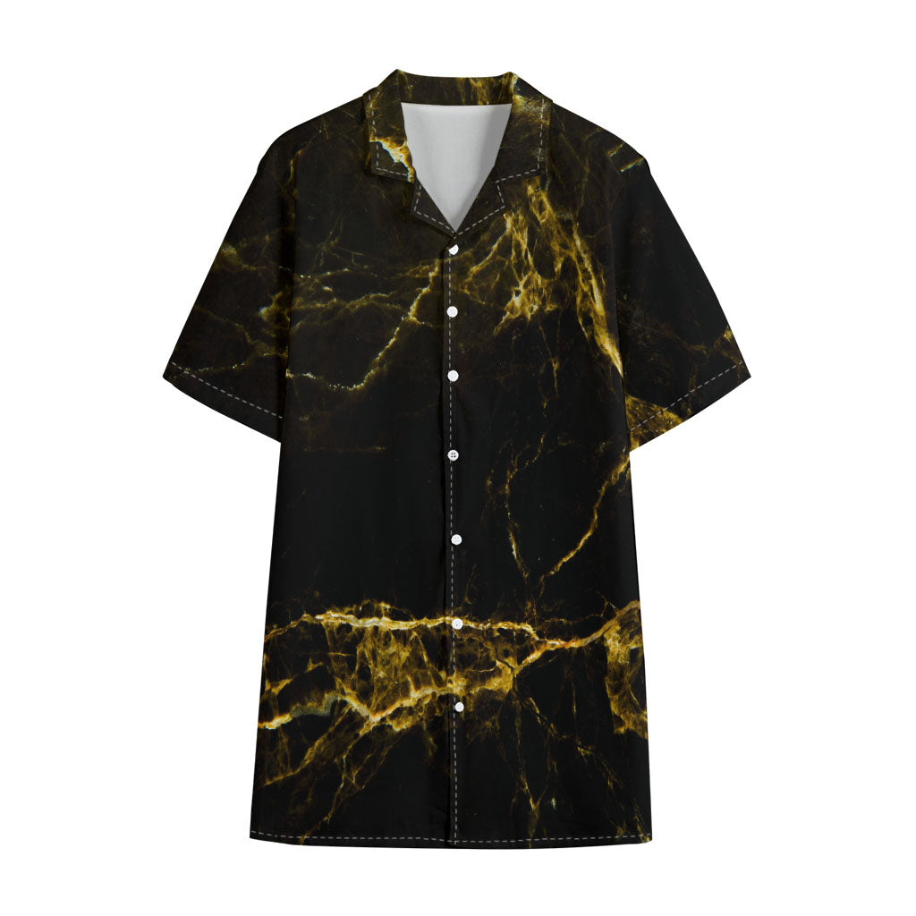 Black Gold Marble Print Cotton Hawaiian Shirt