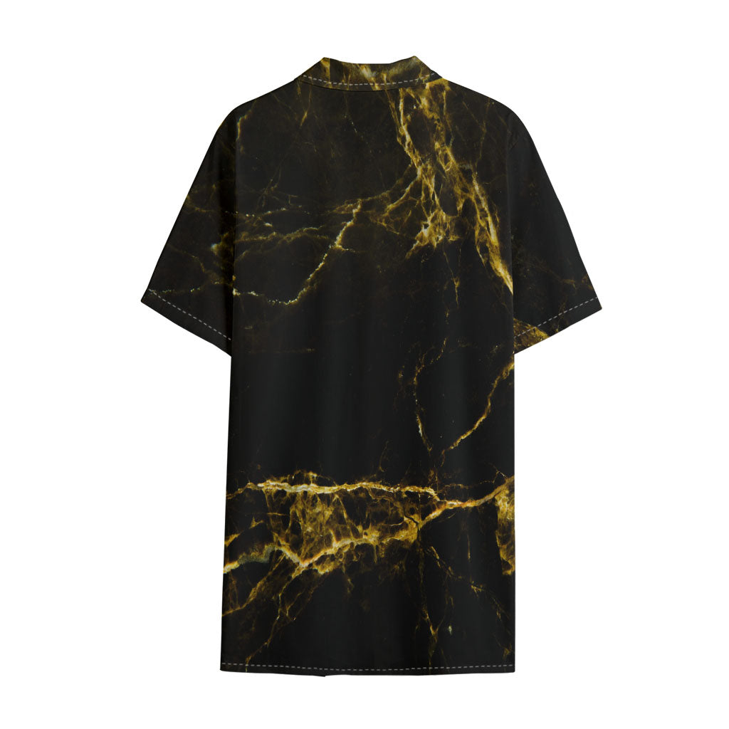 Black Gold Marble Print Cotton Hawaiian Shirt