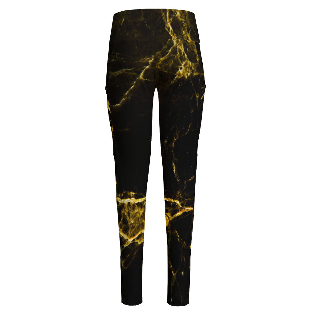 Black Gold Marble Print High-Waisted Pocket Leggings