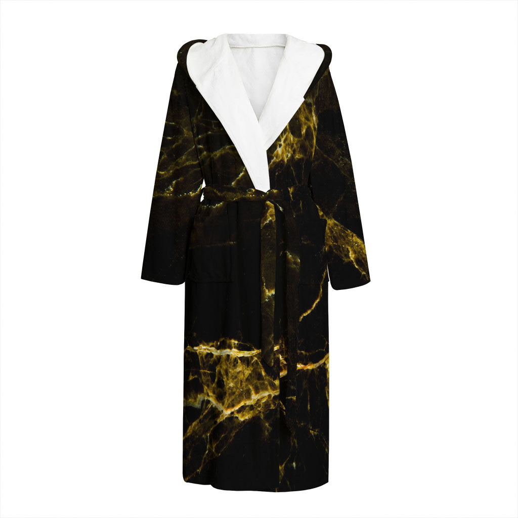 Black Gold Marble Print Hooded Bathrobe