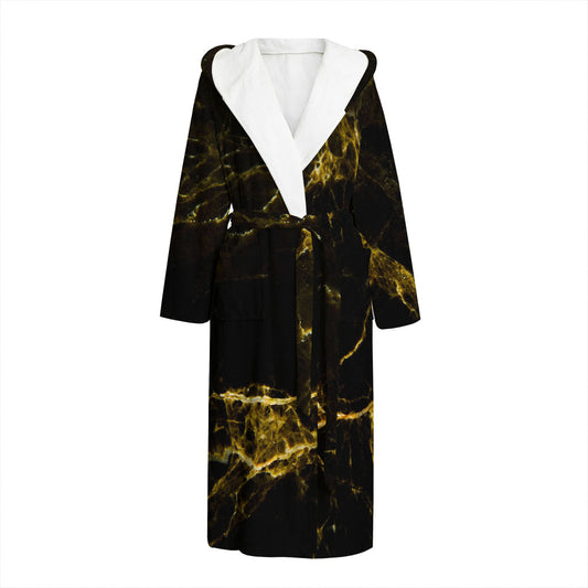 Black Gold Marble Print Hooded Bathrobe