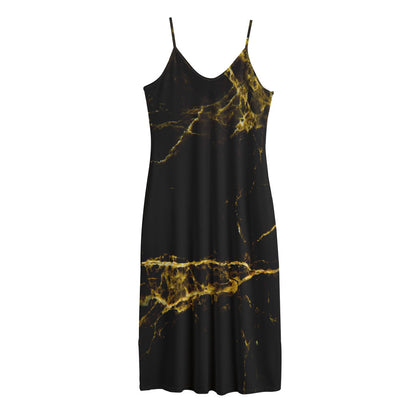 Black Gold Marble Print Jersey Midi Cami Dress