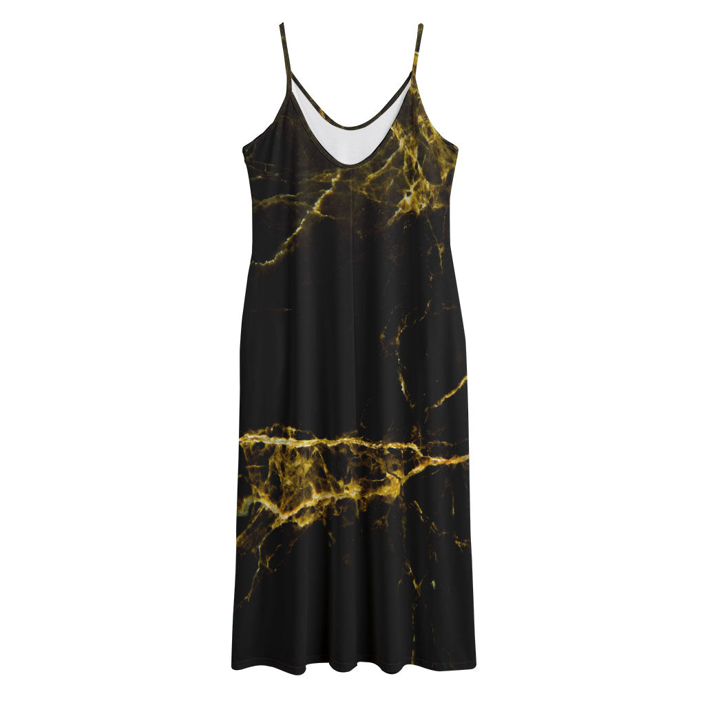 Black Gold Marble Print Jersey Midi Cami Dress