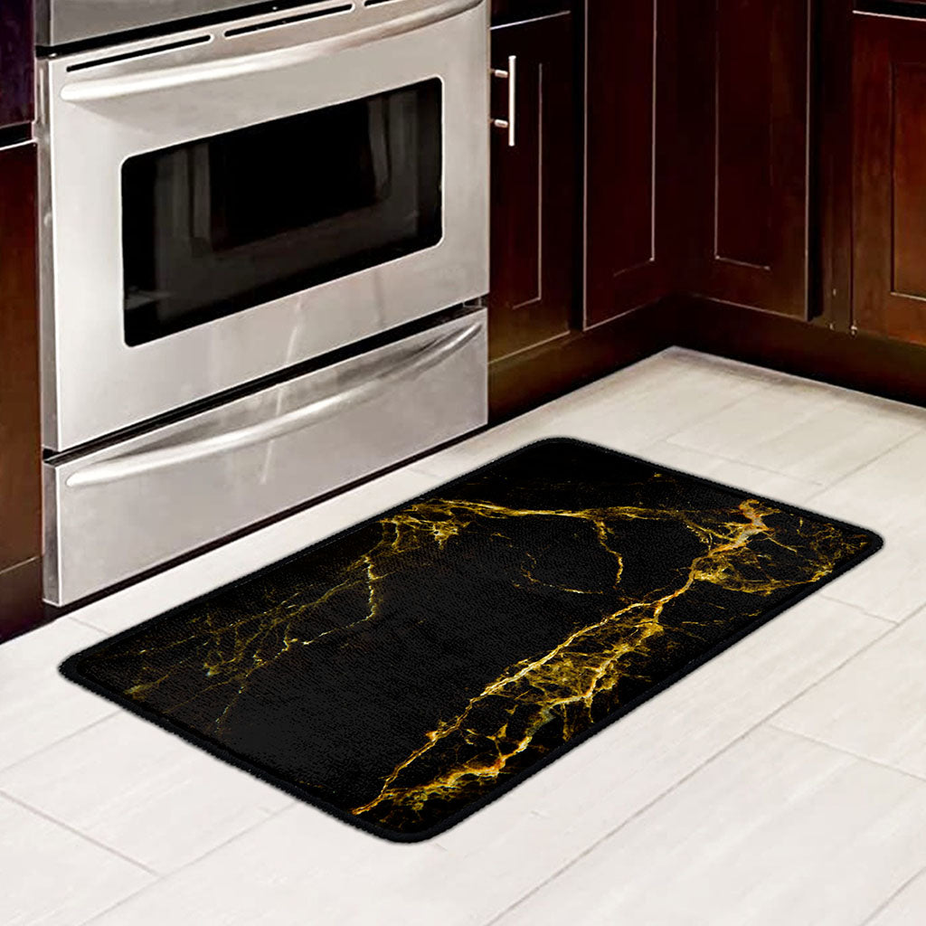 Black Gold Marble Print Kitchen Mat