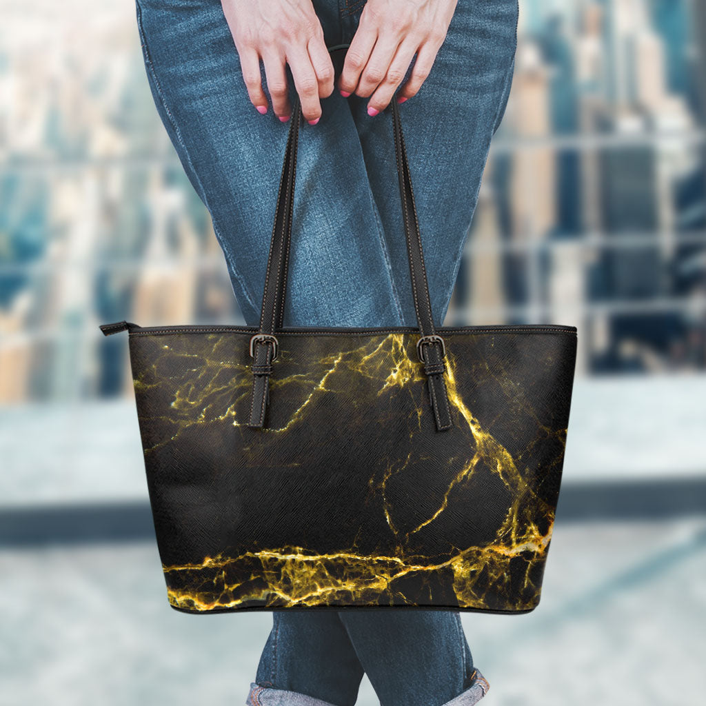 Black Gold Marble Print Leather Tote Bag