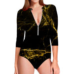 Black Gold Marble Print Long Sleeve Swimsuit