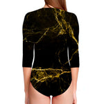 Black Gold Marble Print Long Sleeve Swimsuit