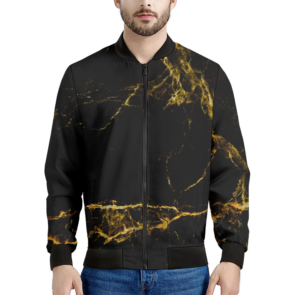 Black Gold Marble Print Men's Bomber Jacket