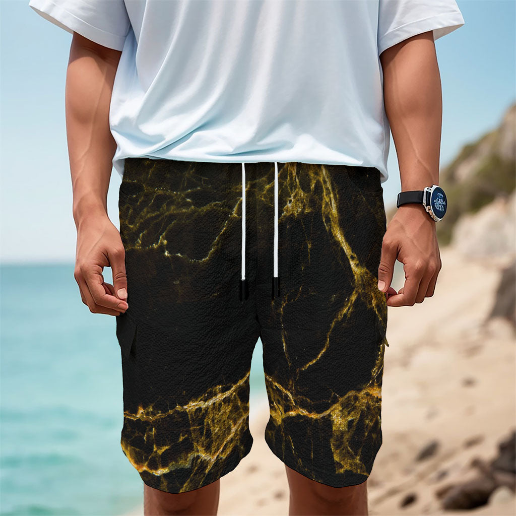 Black Gold Marble Print Men's Cargo Shorts