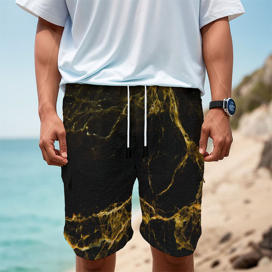 Black Gold Marble Print Men's Cargo Shorts