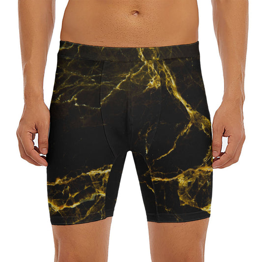 Black Gold Marble Print Men's Long Boxer Briefs