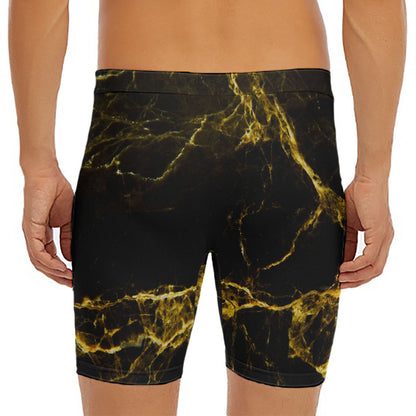Black Gold Marble Print Men's Long Boxer Briefs