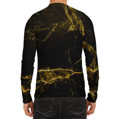 Black Gold Marble Print Men's Long Sleeve Rash Guard