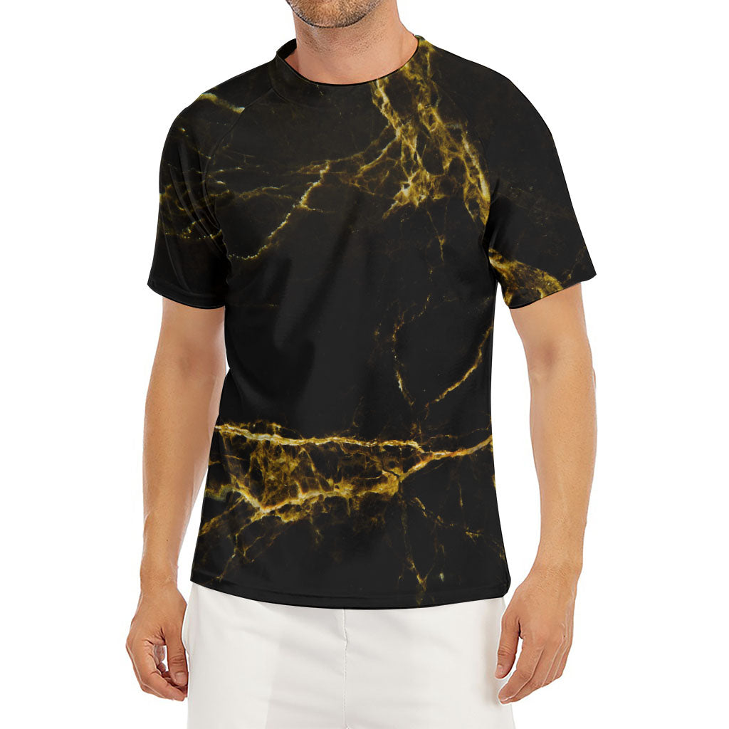 Black Gold Marble Print Men's Short Sleeve Rash Guard