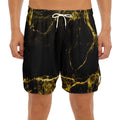 Black Gold Marble Print Men's Split Running Shorts