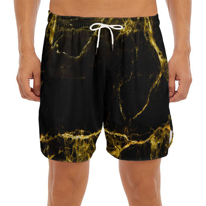 Black Gold Marble Print Men's Split Running Shorts