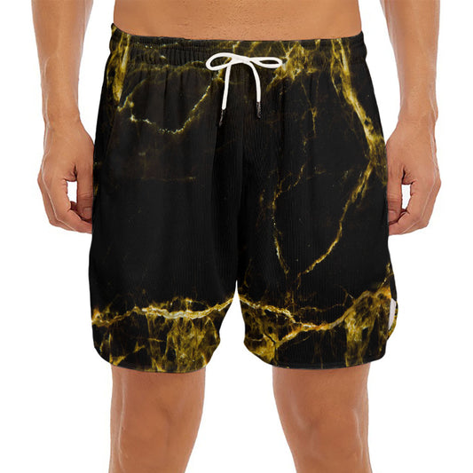 Black Gold Marble Print Men's Split Running Shorts