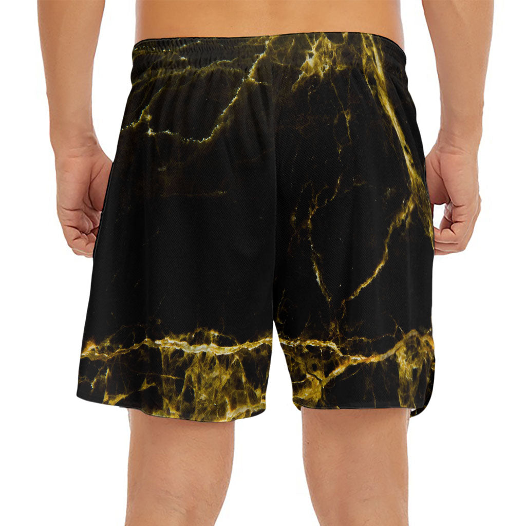 Black Gold Marble Print Men's Split Running Shorts