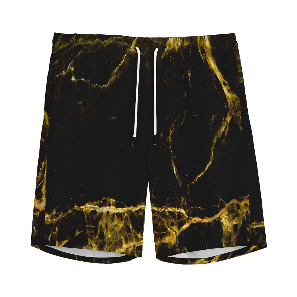 Black Gold Marble Print Men's Sports Shorts