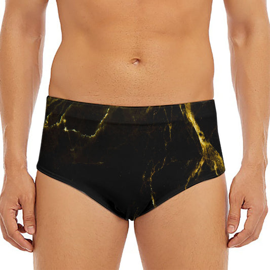 Black Gold Marble Print Men's Triangle Swim Briefs