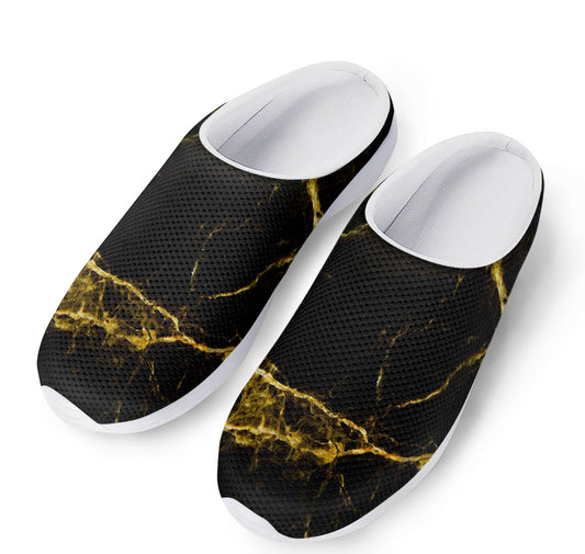 Black Gold Marble Print Mesh Casual Shoes