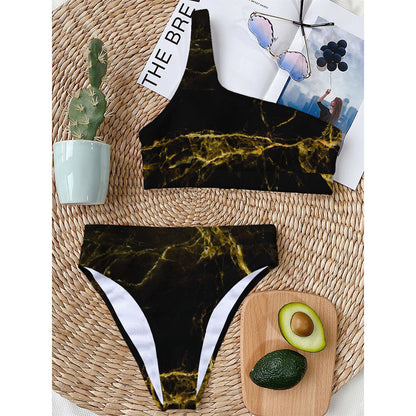 Black Gold Marble Print One Shoulder Bikini Top