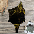 Black Gold Marble Print One Shoulder Bodysuit