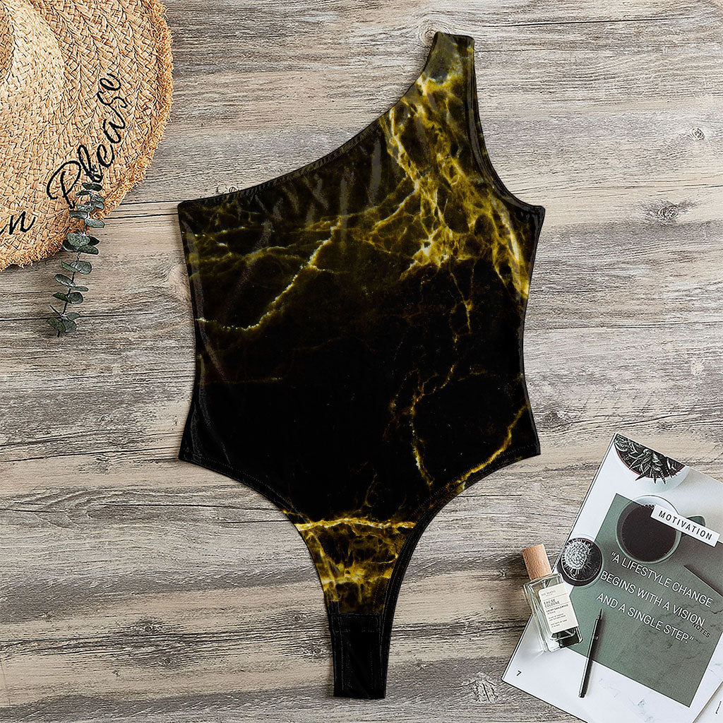 Black Gold Marble Print One Shoulder Bodysuit