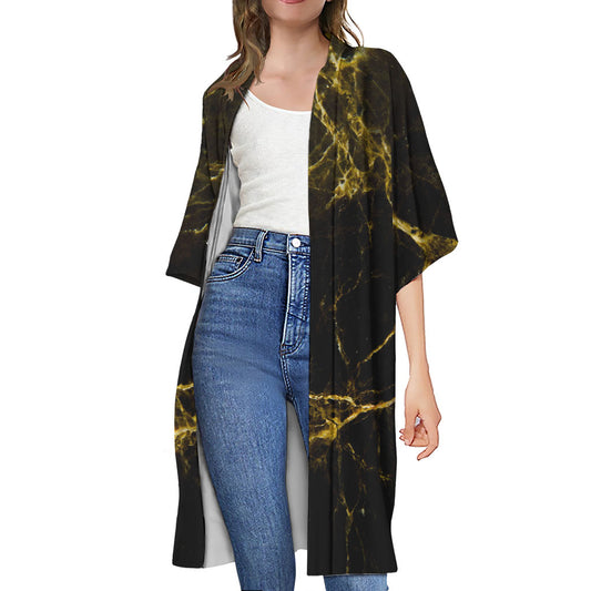 Black Gold Marble Print Open Front Beach Cover Up