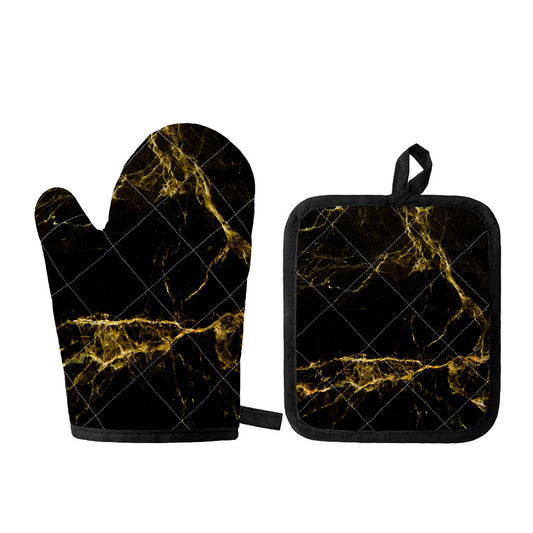 Black Gold Marble Print Oven Mitt And Pot Holder Set