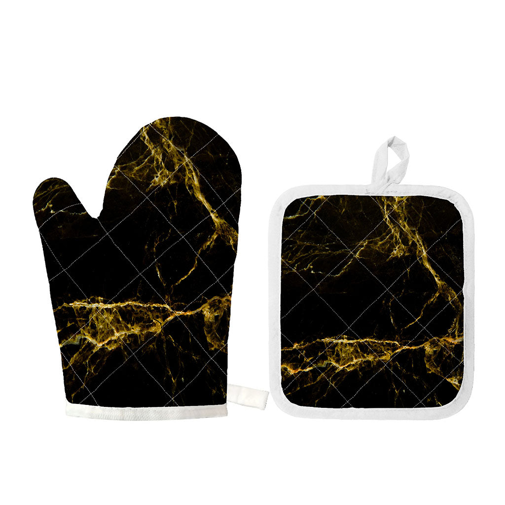 Black Gold Marble Print Oven Mitt And Pot Holder Set