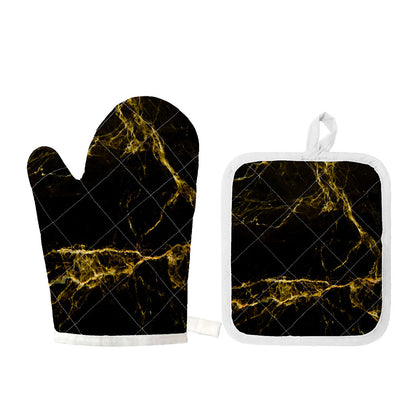 Black Gold Marble Print Oven Mitt And Pot Holder Set