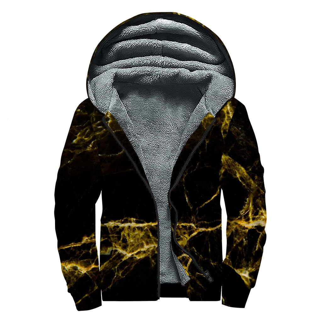 Black Gold Marble Print Sherpa Lined Zip Up Hoodie