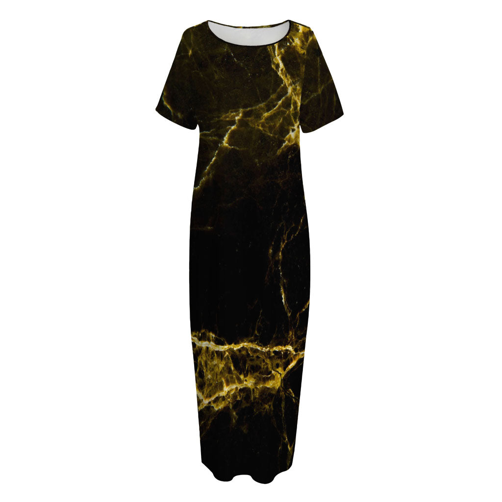 Black Gold Marble Print Short Sleeve Long Nightdress