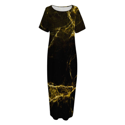 Black Gold Marble Print Short Sleeve Long Nightdress