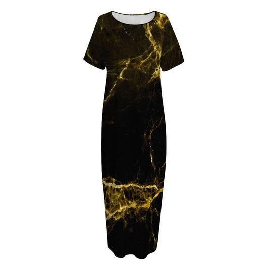 Black Gold Marble Print Short Sleeve Long Nightdress