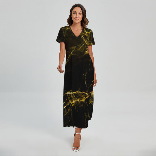Black Gold Marble Print Short Sleeve Maxi Dress